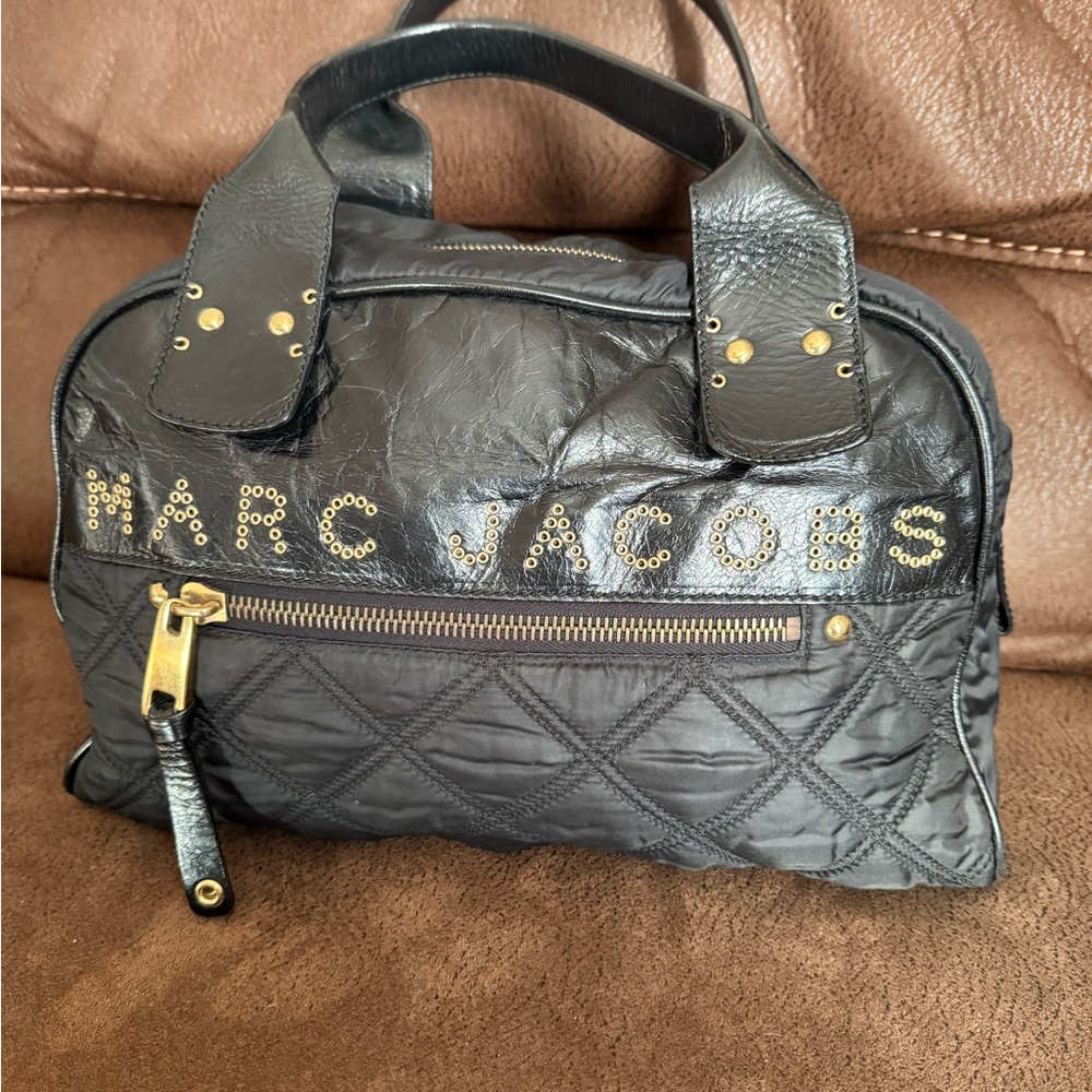Marc Jacobs Black Quilted Logo Dome Satchel with Gold Studs